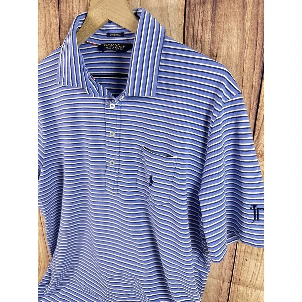 Polo Golf Ralph Lauren Polo Shirt Stretch Men Short‎ Sleeve Blue Striped LARGE